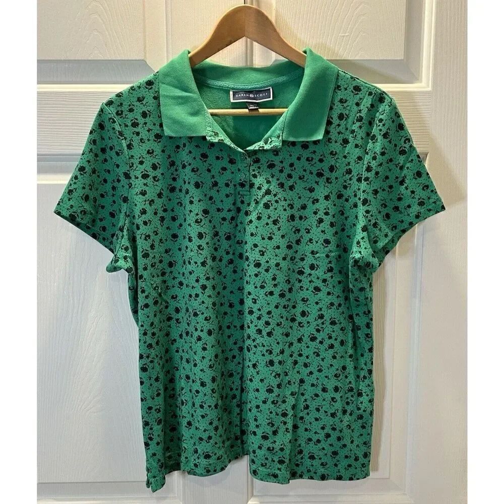 Karen Scott Top Shirt Womens XL Green Blue Floral Short Sleeve Button Pullover